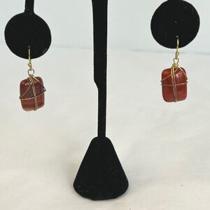 Handmade Carnelian Gemstone Wire Wrapped Dangle Earrings Gold Tone Hook